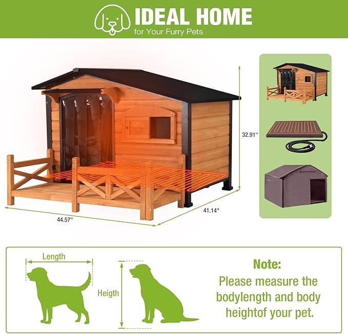 GUTINNEEN Large Heated Dog House Outdoor Insulated Dog Kennel with Safe Heating Pad, Chew-Proof Metal Frame and 6-Sided Insulated Liner for Medium to Large Breeds, 44.6" L x 41.1" W x 32.9“H (Brown)