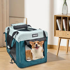 JESPET Soft Dog Crates Kennel for Pets, 3 Door Soft Sided Folding Travel Pet Carrier with Straps and Fleece Mat for Dogs, Cats (8-Teal Blue, Large(30" L x 21" W x 23" H))