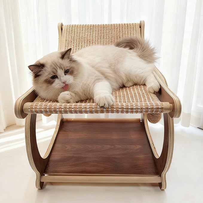 Sisal Cat Scratcher Chair, Elevated Cat Lounge Beds for Indoor Cats, Wooden Pet Hammock Couch for Scratching, Walnut