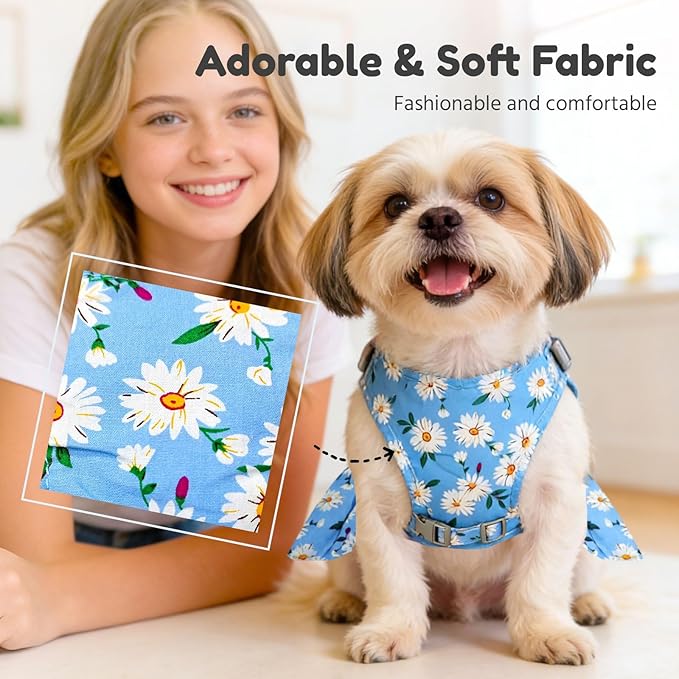 BAEJMJK Dog Dress Bowknot Harness Leash Set for Small Dogs Cats Daisy Floral Girl Dog Dresses Cute Puppy Princess Clothes Pet Doggy Outfits Spring Summer Breathable Dresses(Blue,Small)
