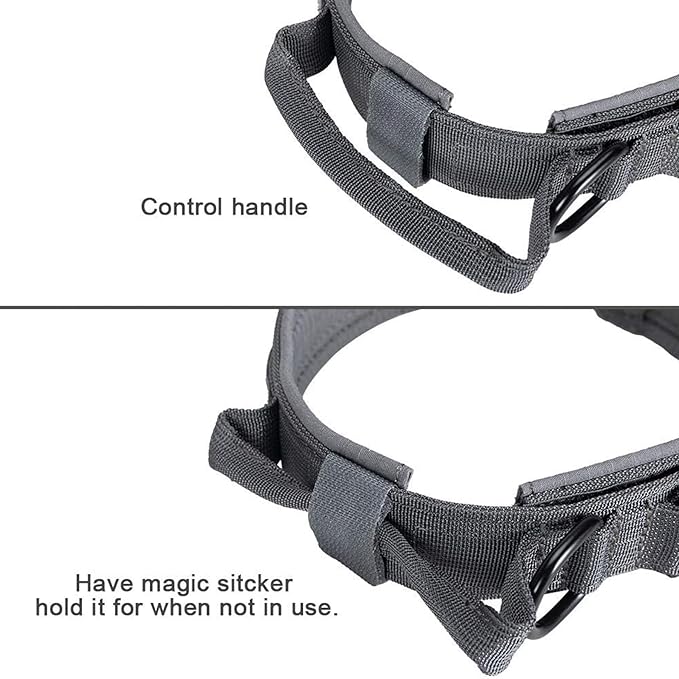 EXCELLENT ELITE SPANKER Tactical Dog Collar Nylon Adjustable Training Collar Military Dog Collar Heavy Duty Metal Buckle with Control Handle for Medium and Large Dogs with Patches (Grey-XL)