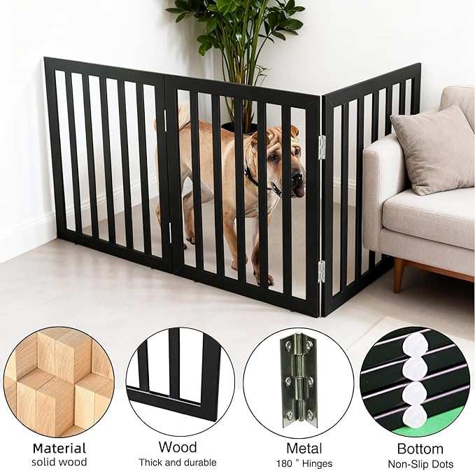 ZJSF Freestanding Indoor Dog Gate for House Foldable Wood Black Puppy Gate for Doorways Pet Gate for Stairs Extra Wide Pet Fence 24" Height 3 Panels