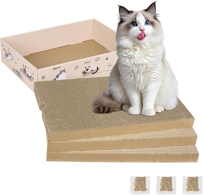 Large Cat Scratcher Pad with Box, Reversible Corrugated Cardboard Scratch Pad, Kitten Scratching Board with Catnip, Durable Recycle Scratching Pads (Small pad: 13.78" x9.53" x1", Pattern Two-3 PCS)