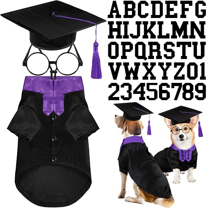 5 Pcs Dog Graduation Costume Set Include 2026 Pet Graduation Gown with Stole Puppy Grad Cap Lensless Glasses DIY Letter Stickers for Dogs Cats Holiday Costume Accessory(Black Purple,L)