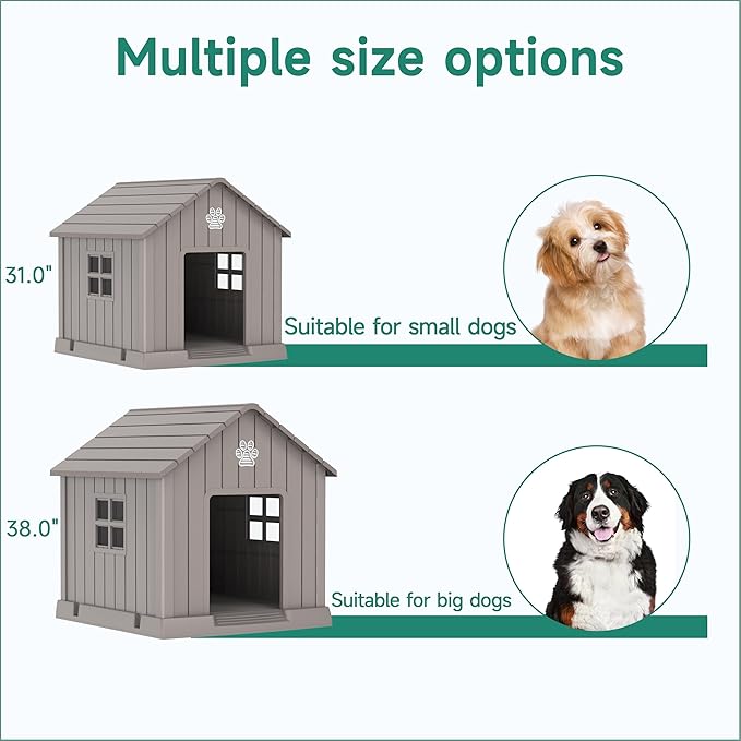 VIXZEN Dog House Outdoor, 38 Inches Weatherproof Resin Dog House Indoor Large with Air Vents & Elevated Floor, Doghouse Outdoor for Large Dogs, Easy Assembly, Versatile Storage Functionality (Grey)