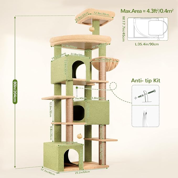 Globlazer Extra Large Catus Cat Tree Tower for Indoor Cats Large Adult, 80in Tall Heavy Duty Cat Tree with 3 Spacious Cat Condos, Oversized Fan-Shaped Perch, 6 Sisal Scratching Posts, S80, Green