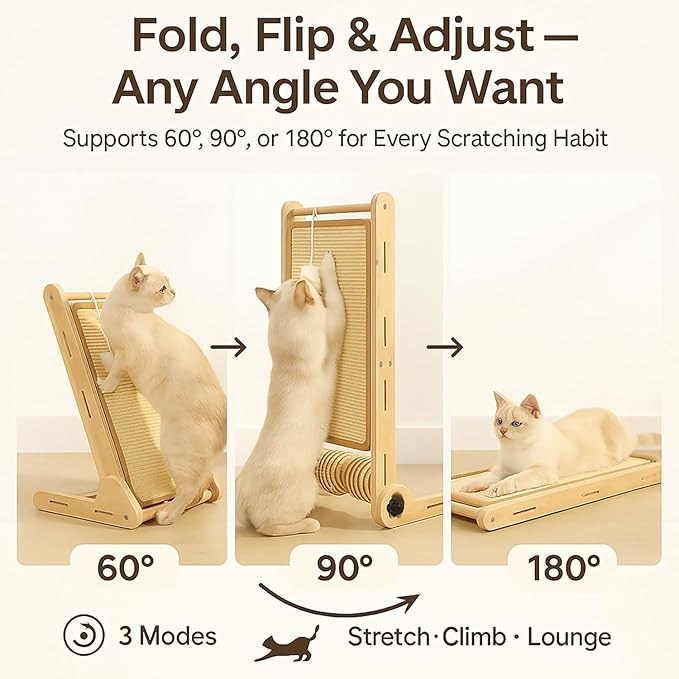 32" Sisal L Shaped Cat Scratch Pad with Ball Toy, Wooden Cat Scratching Post for Indoor Cats, 180° Angles Cat Scratcher for Indoor Cats, Durable Modern Cat Scratching Boards