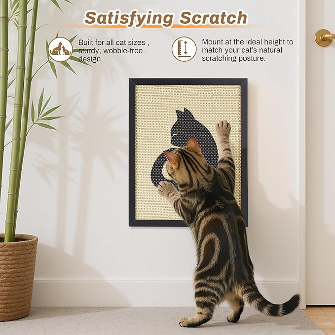 Ownpets Sisal Cat Scratcher, Cat Wall Mounted Scratcher, Cute Scratch Pad for Indoor Cats, with Frame Decorative Art Scratching Board Furniture Protector
