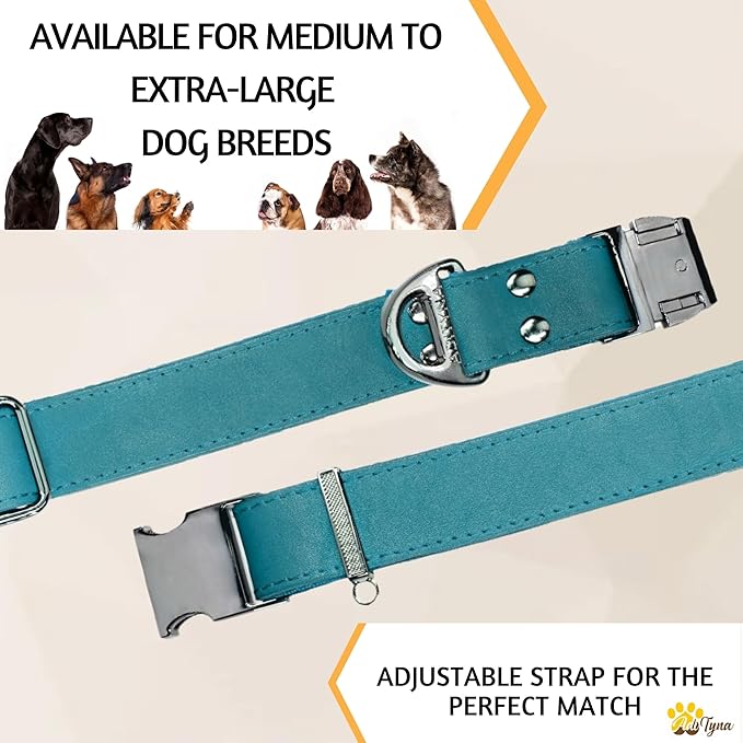 ADITYNA Leather Dog Collar with Metal Buckle - Heavy-Duty, Adjustable for Medium & Large Dogs - Walking, Training, Hiking (Blue, Fits 15-21" Necks)