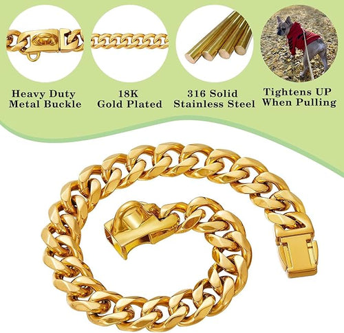 18K Gold Plated Stainless Steel Dog Collar with Safety Lock 15MM Heavy-Duty Cuban Link for Small, Medium & Large Dogs for Extra Small Dog with 8inch Dog's Neck
