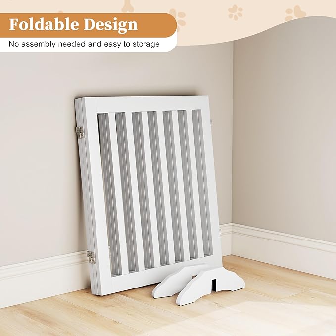 24”H Freestanding Wooden Pet Gate, Dog Gate for Stairs, Doorways, and Hallways, Step Over Foldable Pet Fence for Indoor Use, Support Feet Included, 60 inch Wide 3 Panels, White