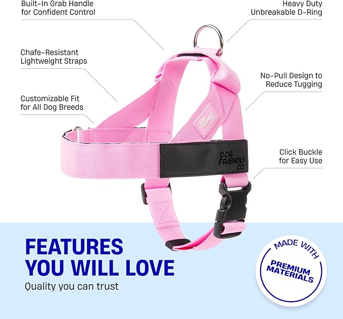 DF Co. Dog Harness | Chafe Resistant Webbing, Adjustable Neck & Chest, and Heavy Duty D-Ring | Sturdy, Comfortable, Easy to Use | Pink, Size XL