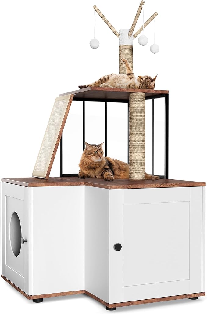 48.8" Wooden Cat Tree with Hidden Litter Box Enclosure & Storage Cabinet – 2-in-1 Cat Furniture with Scratching Post, Toy Balls, and Play Area for Indoor Cats