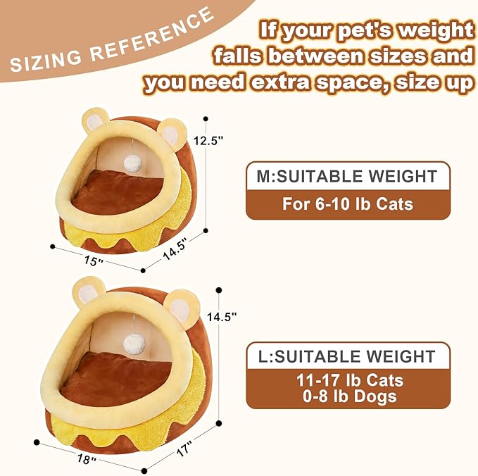 Jiupety Cute Cat Bed for Indoor Cats, Warm Soft Cave Fit for 6-10 Lb Cat, Honeypot, M