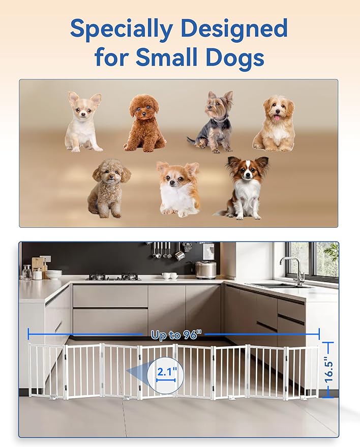 BFNN Free Standing Foldable Dog Gate, 16.5" High Step-Over Metal Short Pet Gate, Up to 96" Wide Puppy Fence for Stairs and Doorways, Indoor & Outdoor Use, No Drilling and No Assembly, White