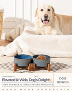 Getstar Ceramic Dog Bowls Set with Acacia Wood Stand, 3.5 Cups Pet Bowls Set of 2 for Medium Dogs, Cute Dog Food Bowl, Cat Bowls