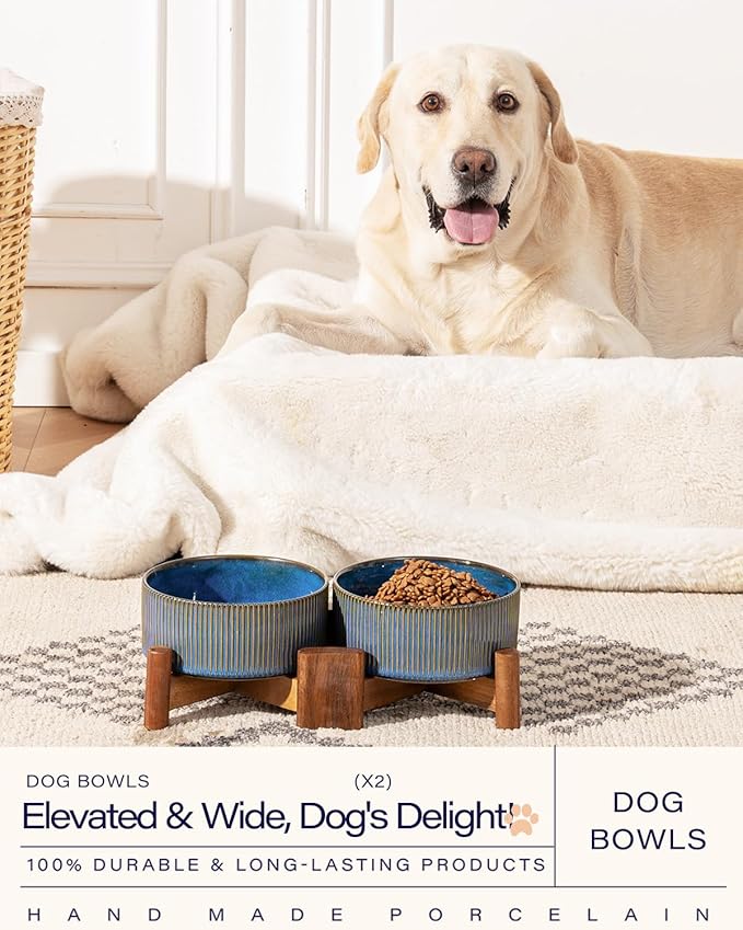 Getstar Ceramic Dog Bowls Set with Acacia Wood Stand, 3.5 Cups Pet Bowls Set of 2 for Medium Dogs, Cute Dog Food Bowl, Cat Bowls