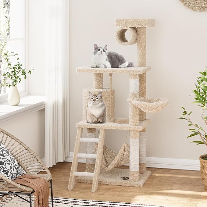 55 Inch Multi-Level Cat Tree Tower with Condo, Plush Perches, Scratching Posts, Hammocks, and Play House, Beige