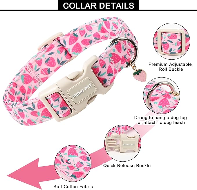 ARING PET Strawberry Dog Collar, Cute Spring Summer Pink Puppy Pet Collars for Small Medium Large Female Girl Dogs-XS