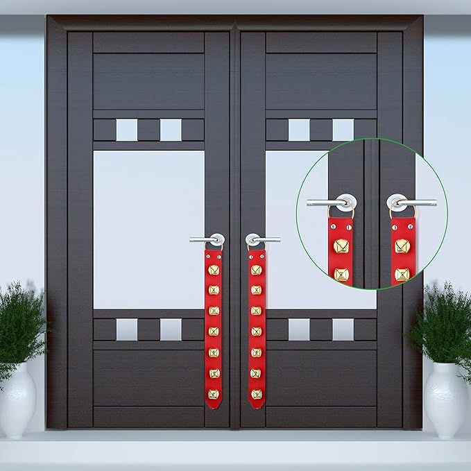 Frienda Hanging Jingle Sleigh Bells 7-Bell Dog Doorbells for Door Knob Faux Leather Belts Go Outside Dog Bells Christmas Decor and Holiday Decorations, 18.7 x 1.8 x 1 Inches(Red with Gold)