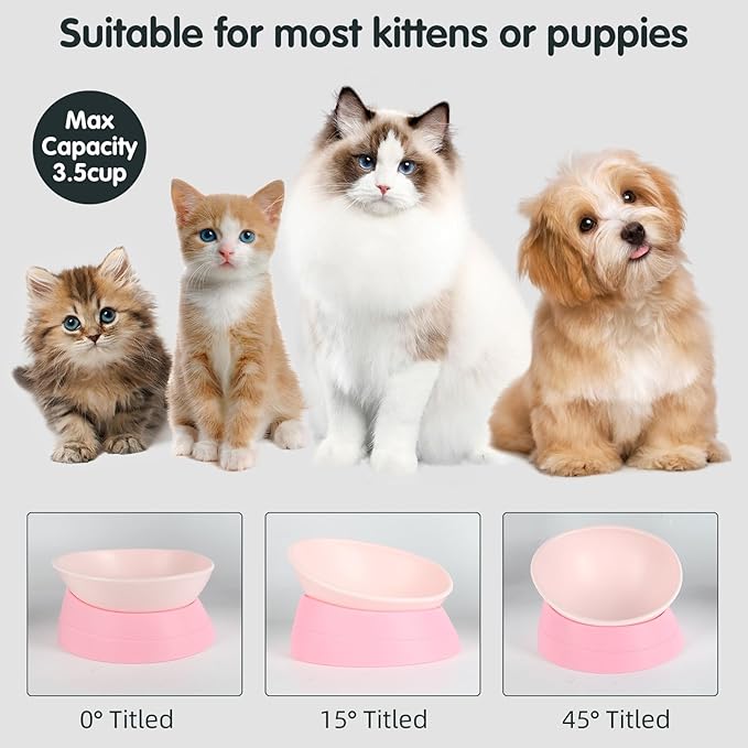 Bulldog Bowl Anti-Slip Dog Cat Dish Detachable Rubber Dog Bowl Pet Sterile Tilted Pet Feeder Slope Base (Pink, 3.5 Cup (Medium/Large Dog))
