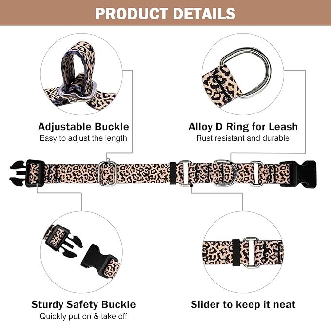 Hikiko Martingale Collar for Dogs Classic Leopard Dog Collar for Small Medium Large Dogs Durable Escape Proof Dog Collars (Leopard,Medium)