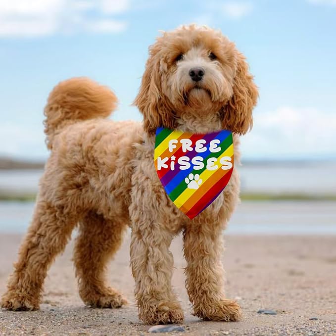 Free Kisses Rainbow Dog Bandanas, LGBTQ+ Pet Accessories for Pride Day Month Gifts for Dogs Owners LGBTQ+ Pride Dog Bandana Rainbow Pet Scarf for Small Medium Cats Dogs