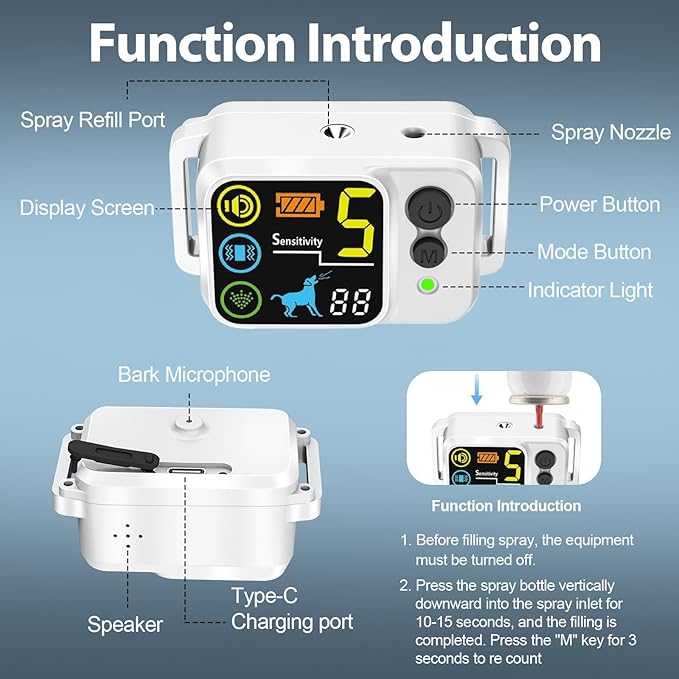 Citronella Bark Dog Collar [1*Refill] Spray Dog Collar, with 5 Adjustable Sensitivity, Beep+Vibration+Spray 5 Working Modes Citronella Bark Collar, IP66 Waterproof Dog Spray Collar for L/M/S