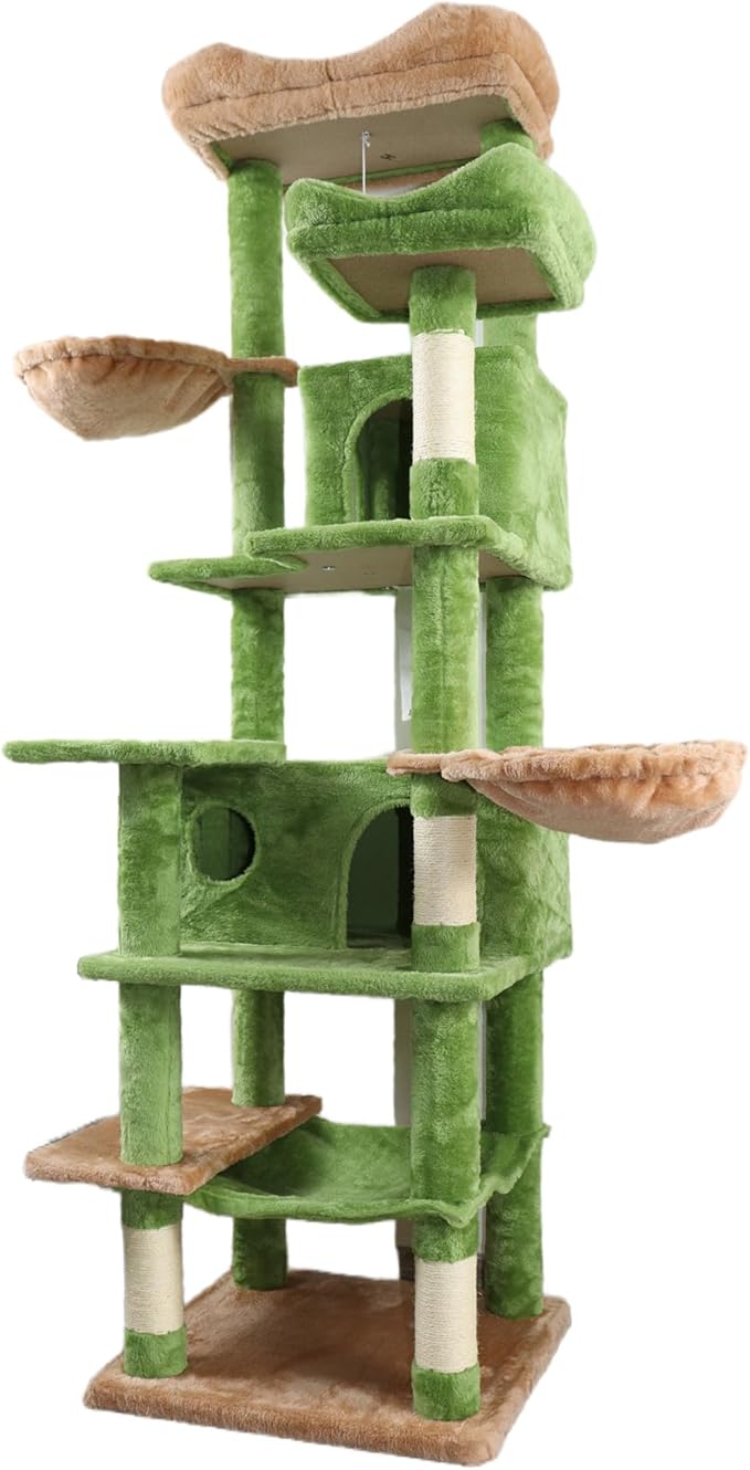 68 Inch Multi-Level Large Cat Tree - Sisal Scratching Posts & Removable Cushions, Cozy Hammock and Comfortable Hideaway, Tall Cat Tower for Indoor Cats (Green + Particle Board)