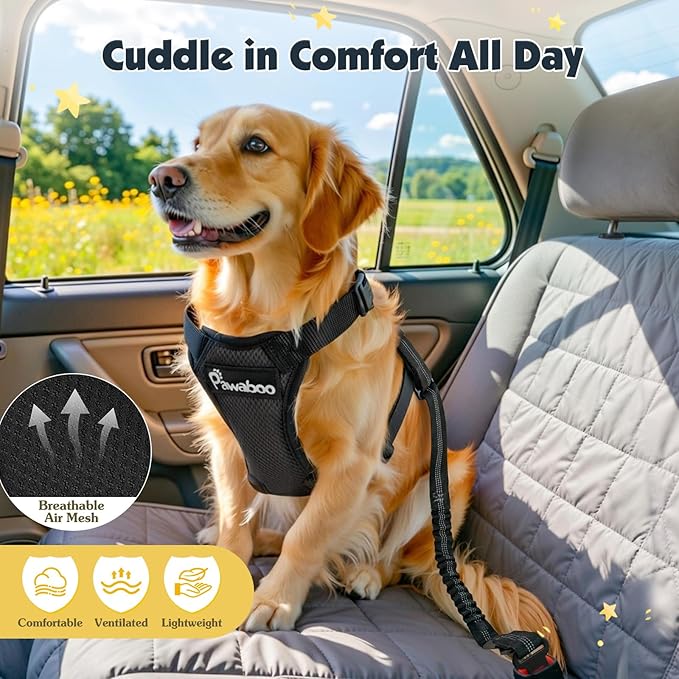 Pawaboo Dog Seat Belt Harness for Car, Dog Car Harness Seatbelt with Double Clips, Adjustable Breathable Pet Vest & Dogs Safety Tether with Elastic Bungee for Small Medium Large Pet, XL, Black