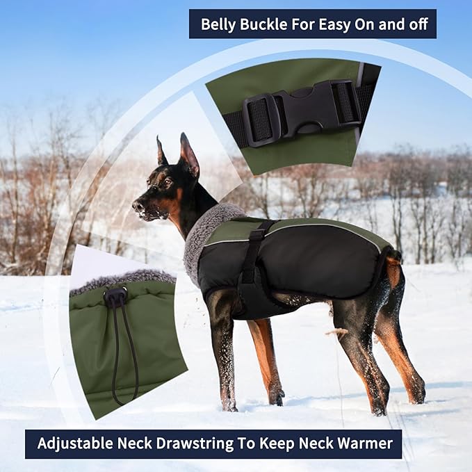 IECOii Extra Warm Reflective Adjustable Dog Jacket - Fleece Turtleneck Winter Coat for Small to Extra Large Dogs