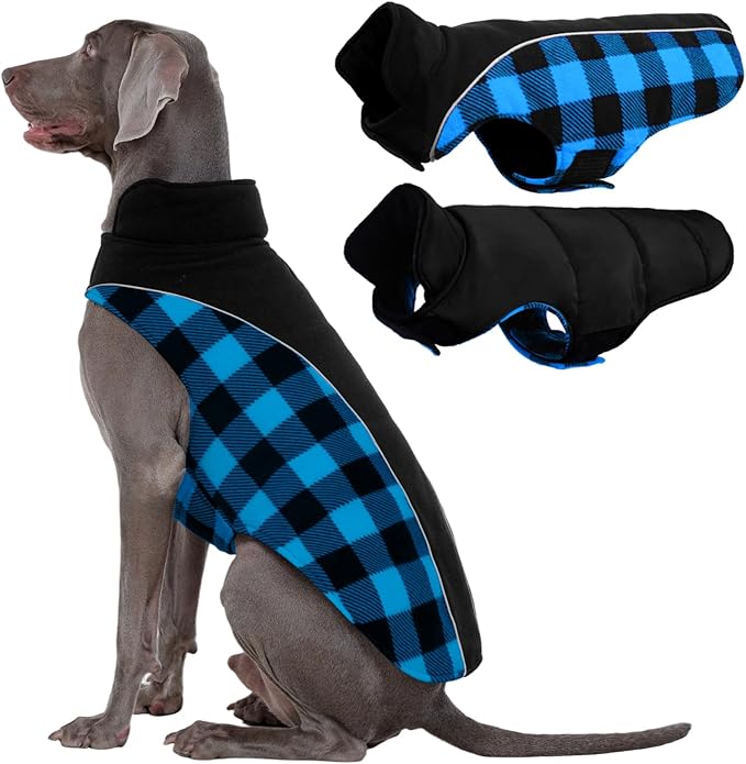 Kuoser Dog Winter Coat, Reversible Waterproof Dog Jacket with Leash Hole, Warm Dogs Fleece Vest Adjustable Doggy Cold Weather Clothes Plaid Christmas Outfit Pet Apparel for Extra Large Dogs, Blue 3XL