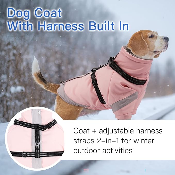 XX-Large Dog Winter Coat with Harness 2 in 1-for Outdoor Walking | Thick and Warm Lining for Cold Winter,Turtleneck Windproof Dog Snowsuit with Sleeves,Night Reflective Harness(Light Pink)