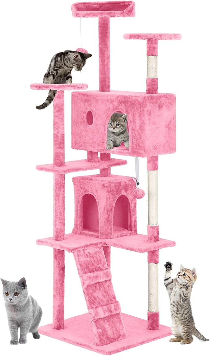 24/7 Shop at Home Court 70 inch Multi-Level Cute Cat Tree Tower with Dangling Ball and Scratching Posts for Indoor Cats Adults, Kitten Supplies, Pet House, Pink