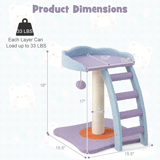 PETSITE Small Cute Cat Tree, 19 Inches Modern Cat Tower for Indoor Cats with Top Perch, Scratching Post, Ladder, Blue Purple