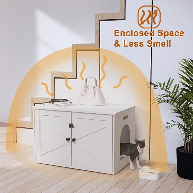 Cat Tree and Litter Box Enclosure Bundle, Hidden Cat Litter Box Furniture with Scratching Post, Wooden Cat Washroom Furniture, Modern Cat Condo, White