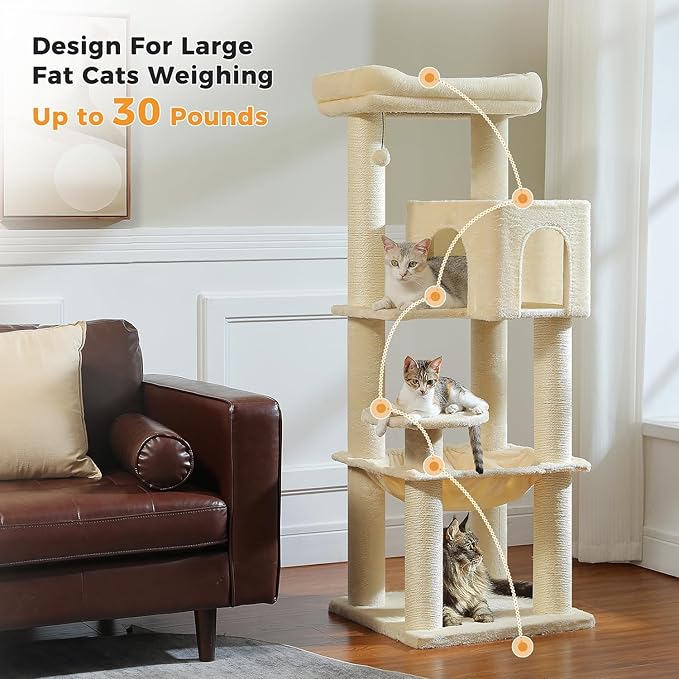 PEQULTI 57.9'' Cat Tree, Multi-Level Tower with Large Top Perch, Thick Scratching Posts and Hammock for Large Indoor Cats up to 20 lbs,Beige