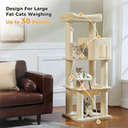 PEQULTI 57.9'' Cat Tree, Multi-Level Tower with Large Top Perch, Thick Scratching Posts and Hammock for Large Indoor Cats up to 20 lbs,Beige