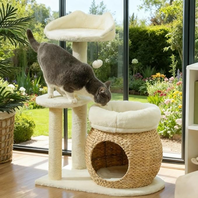 Premium Cat Tree Tower with Scratching Posts, Cozy Condos, and Hammock for Indoor Cats – Stylish Vertical Play Center (Cream White + Cotton + Particle Board + Velvet)