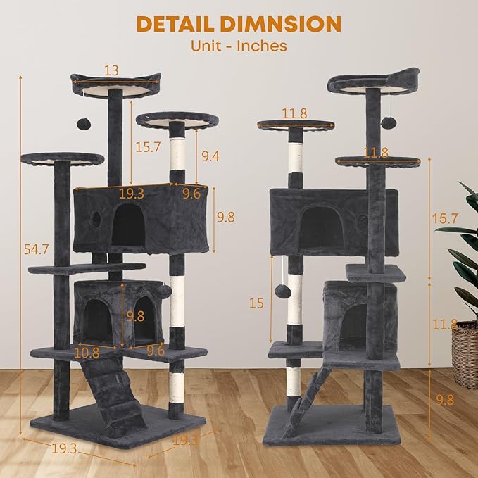 54in Cat Tree Tower for Indoor Cats, Cat Tower with Cat Scratching Post, Multi-Level Cat Furniture, Cat Tower with Funny Toys for Kittens-Dark Gray