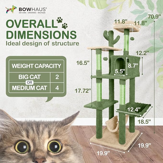 Cactus Cat Tree, Multi-Level Cat Activity Tree with Plush Perch, Scratching Posts and Ramp, Cat Cave Condo for Large Cats and Kittens, 70-Inch