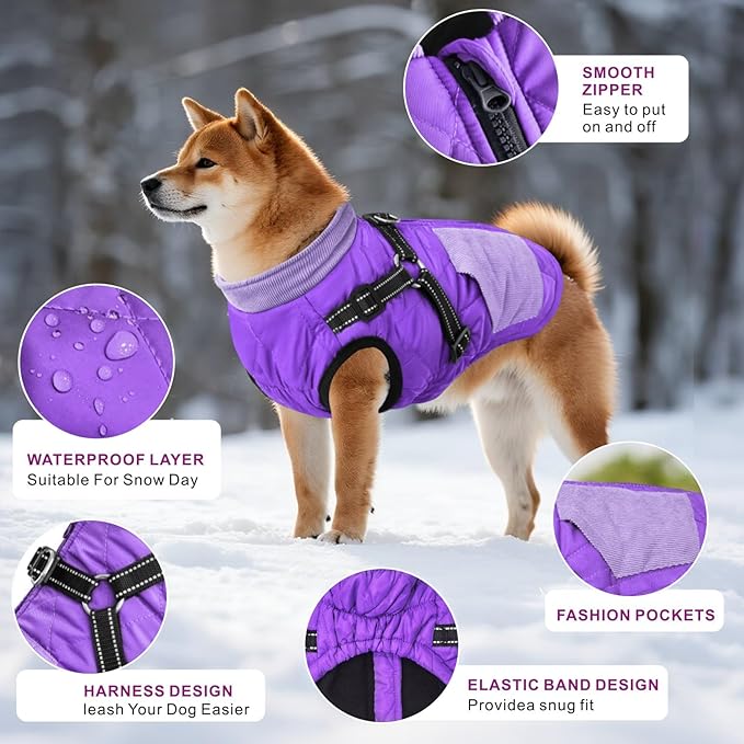 Mosucoirl Warm Dog Coats Pet Clothes, Waterproof Dogs Jacket Reflective Pet Outfits Winter Dog Cold Weather Coat Cozy Snow Jackets Vest for Small Medium Large Dogs Puppy Doggie (Purple, S)