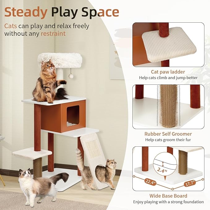 Modern Cat Tree for Large Cats - Multi-Level Activity Center with Sisal Scratching Posts, Plush Perch, Enclosed Condo & Hanging Toy, Sturdy Wood Design for Indoor Use (M)