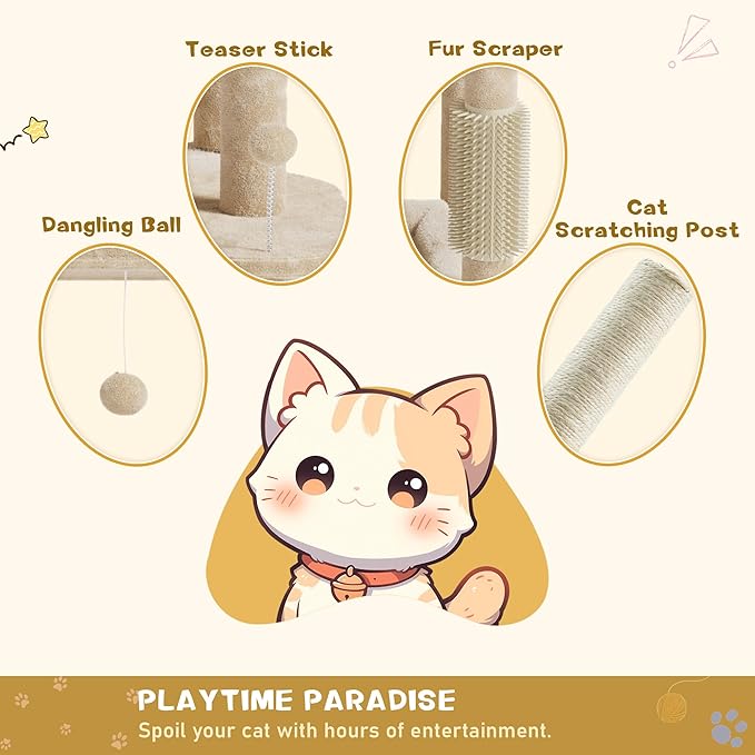 66 inches Cat Tree, Multi-Level Tall Modern Cat Tower for Indoor Large Cats Adult with Sisal Scratching Posts & Board, Padded Platforms, Hammock and Condo, Beige