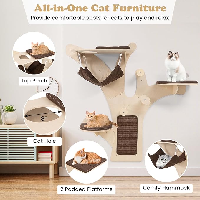Tangkula Cat Wall Shelves, 4-Layer Wall-Mounted Cat Tree with Sisal Scratching Mat, Perch, Hammock, Padded Platforms, Hole and Ladders, Wooden Cat Climber with Washable Cushions