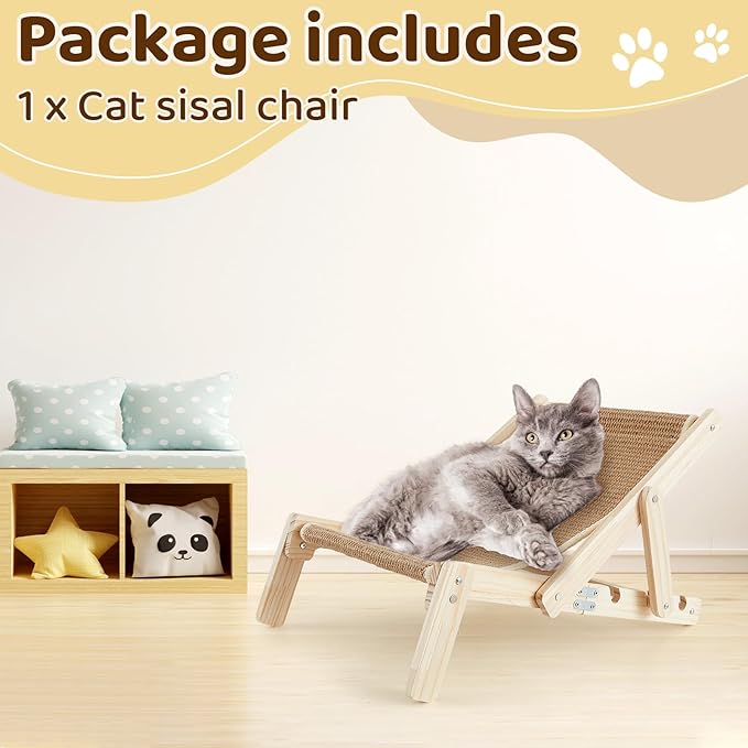 Juexica Sisal Cat Scratcher Bed for Indoor Cats, Small Natural Wood Cat Lounge Hammock, Modern Foldable Scratching Chair, Space-Saving Furniture for Kittens & Small Cats