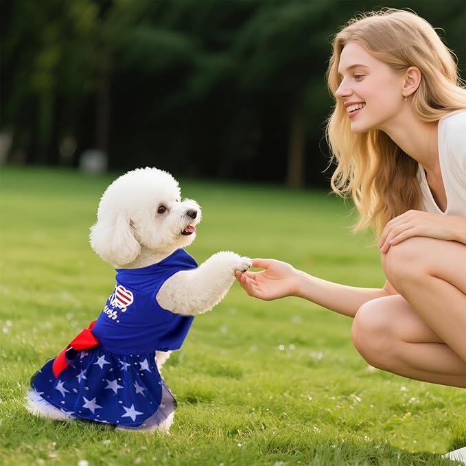 4th of July Dog Outfit Pet Puppy Printed Dresses with Sparkly Stars Summer Princess Skirt for Independence Day Party Small Medium Dog Outfit