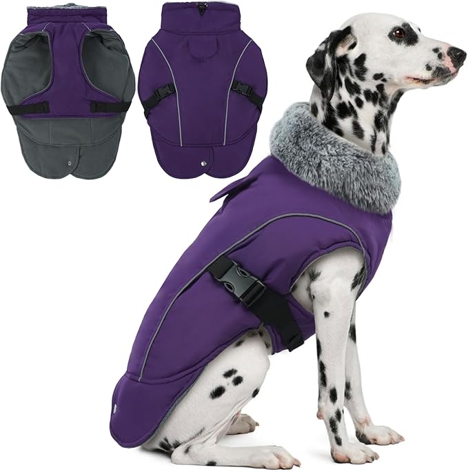 DENTRUN Winter Warm Dog Coat Reflective Jacket with Turtleneck for Cold Weather, Adjustable Buckle Windproof Water Repellent, Thick Snowsuit Fleece Vest for Small, Medium, Large Dogs, Purple, XXXL