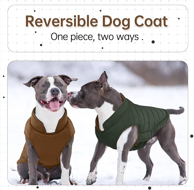 Lelepet Reversible Dog Coat Waterproof Dog Jacket Windproof Puffer Vest for Winter Warm Lightweight Coats for Large Dogs Adjustbale Hook & Loop Pet Apparel with Leash Hole, Pitbull, Brown, XL