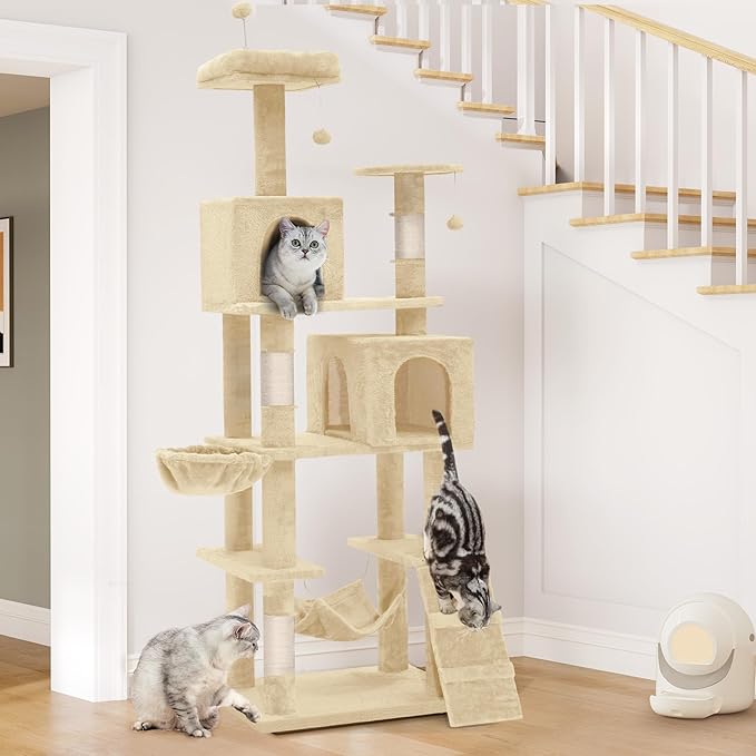 YITAHOME 190.5 cm Tall Heavy Duty Cat Trees for Large Cats, 75inch Maine Coon Tower Indoor with Scratching Post, Hammock, Cat Condo for Adult Cats,Beige